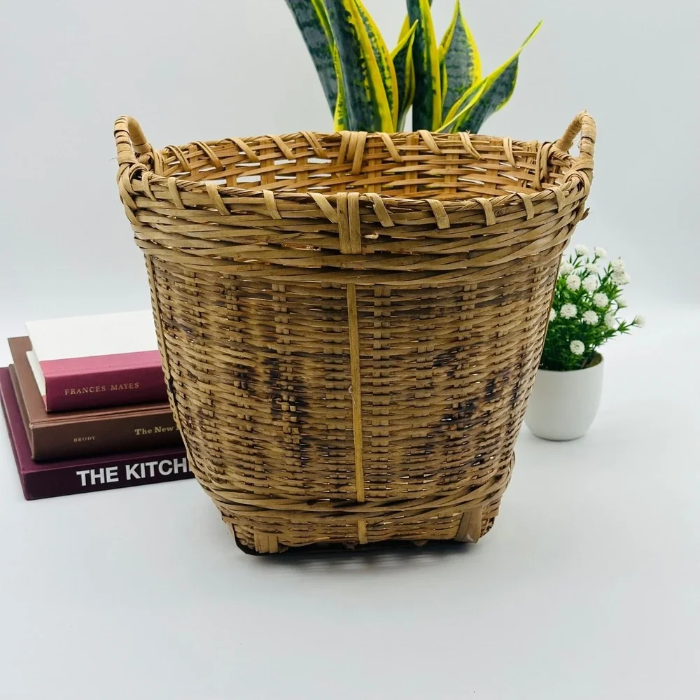 Vintage Bamboo Woven Basket with Handles Square Base Round Top Asian Boho